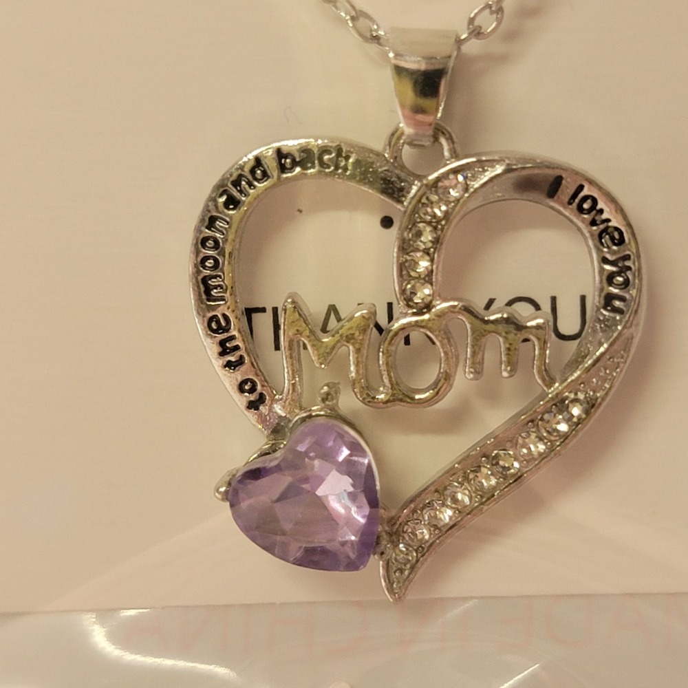 Mom Heart Charm Silver Tone Rhinestones Purple Gemstone Necklace
